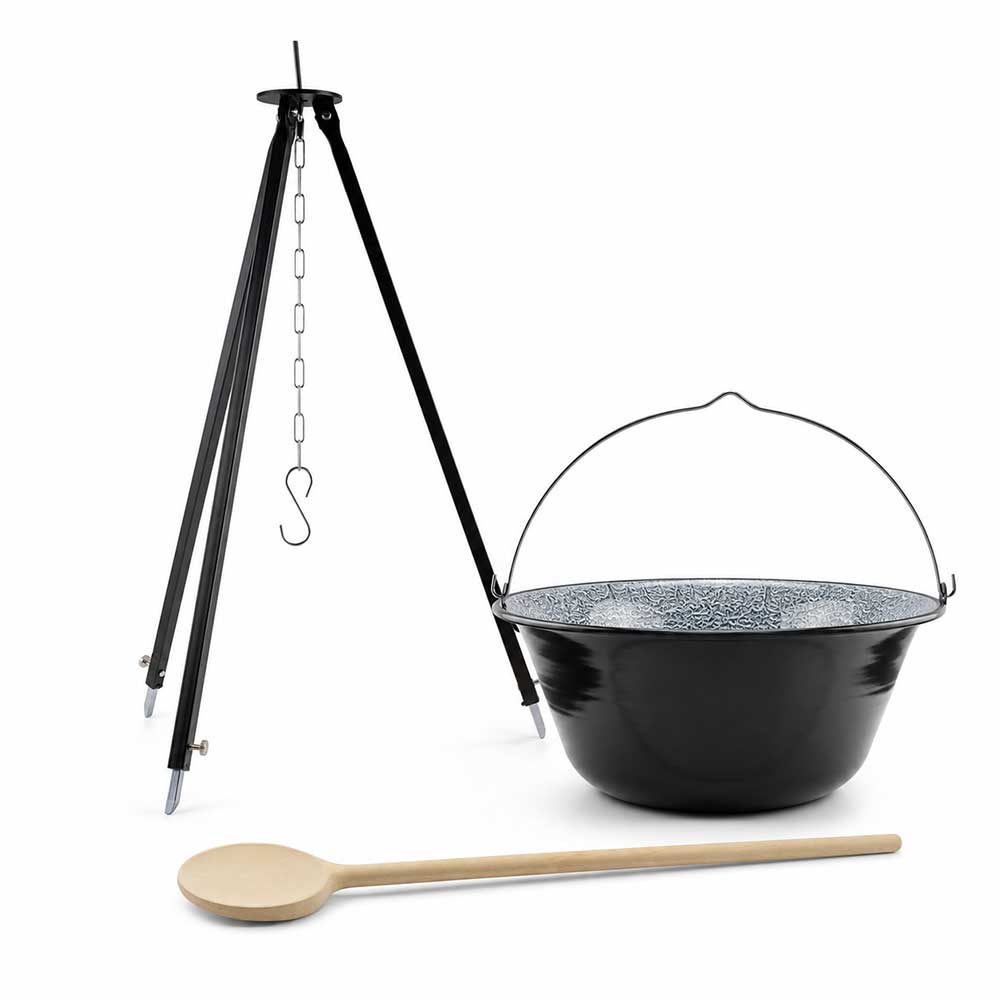 1-Pachet-Perfect-Home-pentru-gatit-in-aer-liber,-ceaun-emailat-10L-cu-maner,-trepied-reglabil-70-120-cm-si-lingură-din-lemn-de-fag-80-cm Set Ceaun Perfect Home 10L cu Trepied Reglabil si Lingura Lemn, pentru Gatit la Foc, Camping si Gradina